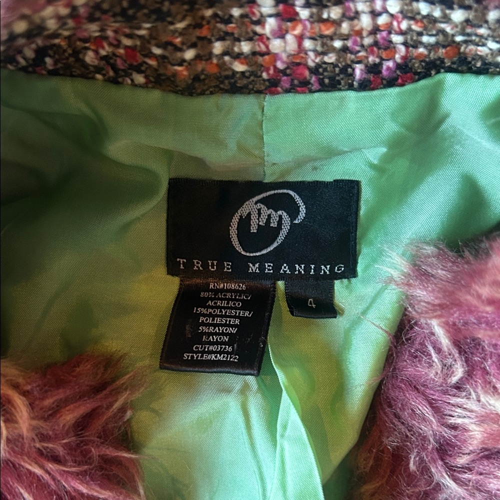 True Meaning Vintage Y2K Tweed Faux Fur Blazer Jacket Size 4 - Picture 5 of 7